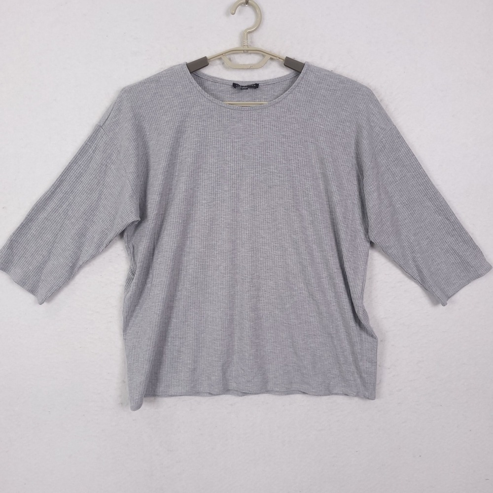 Eileen Fisher Ribbed Knit Top Womens XL Gray 3/4 Sleeve Tencel Lyocell Blend